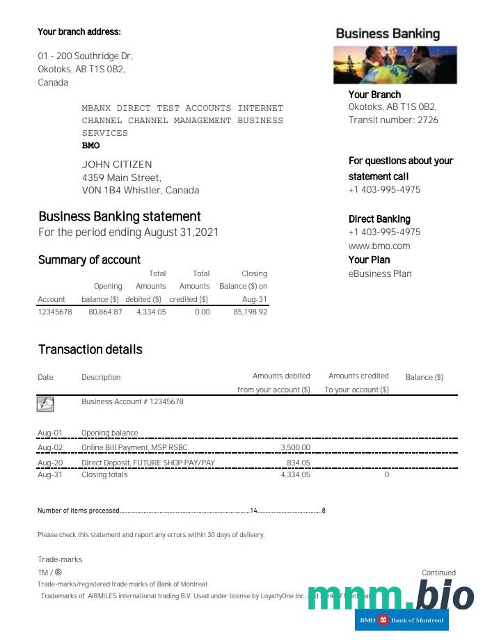 Szablon Oświadczenia Canada BMO Bank of Montreal w programie Word i PDF
